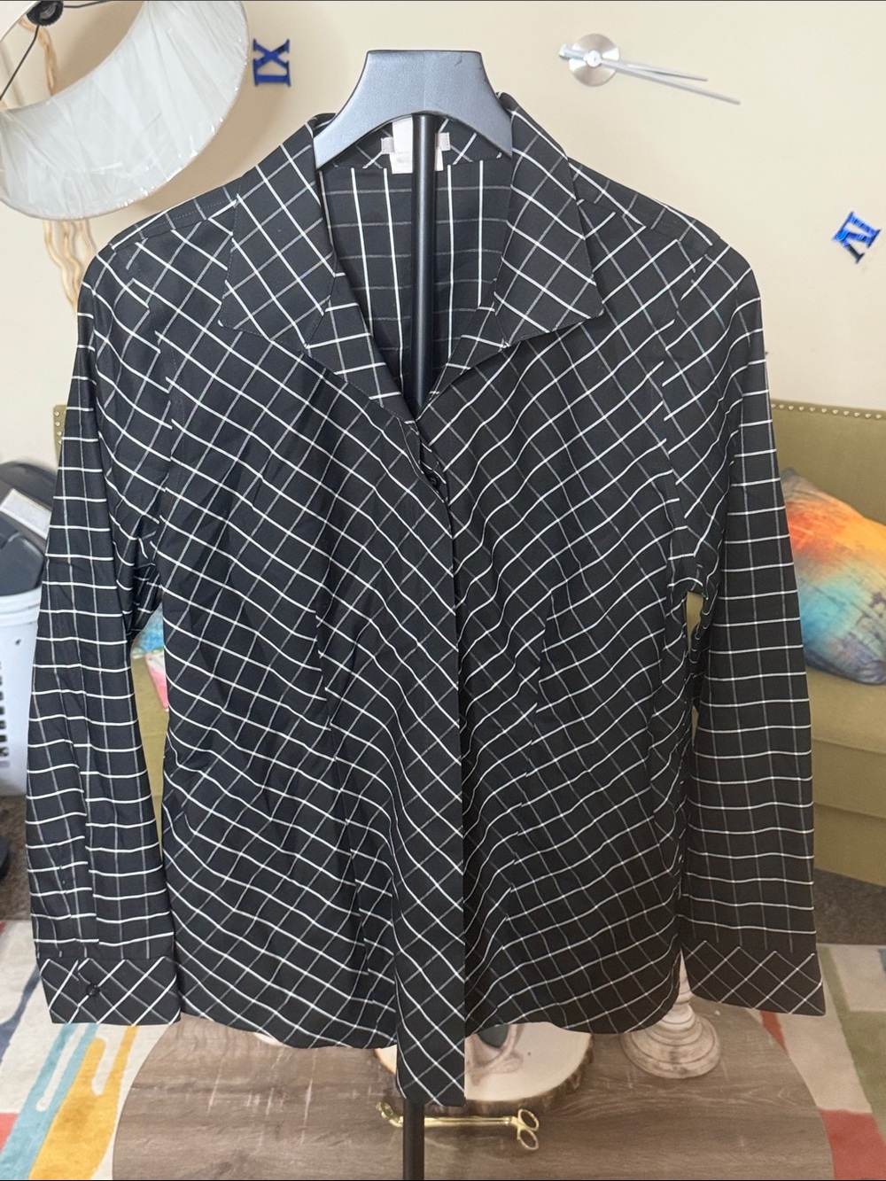 Chico's Black Button-Down Shirt with White Windowpane Grid